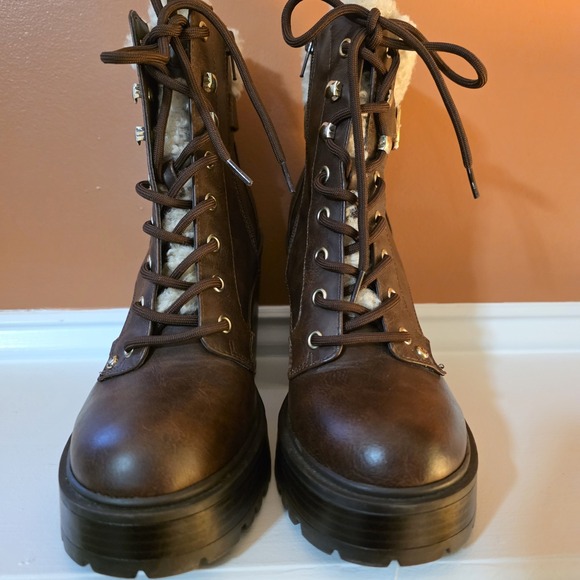 Dark Brown Faux Leather Platform Combat Boots with Shearling Trim and Block Heel - Picture 3 of 16
